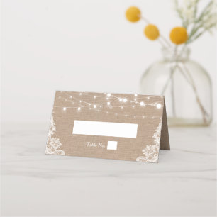 Rustic Burlap String Lights Lace Wedding Place Card