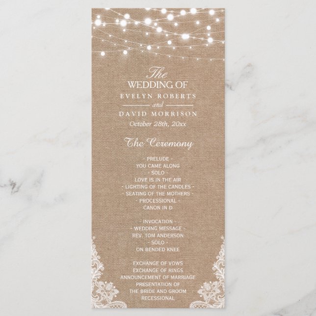 Rustic Burlap String Lights Lace Wedding Program Programme (Front)