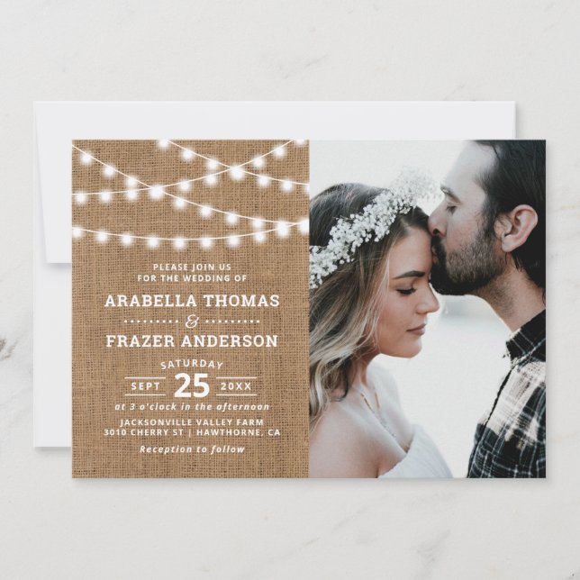 Rustic Burlap String Lights Photo Wedding Invitation (Front)