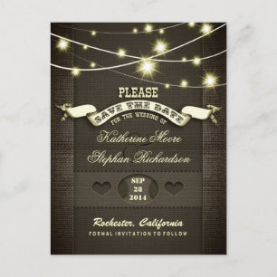 rustic burlap string lights save the date announcement postcard