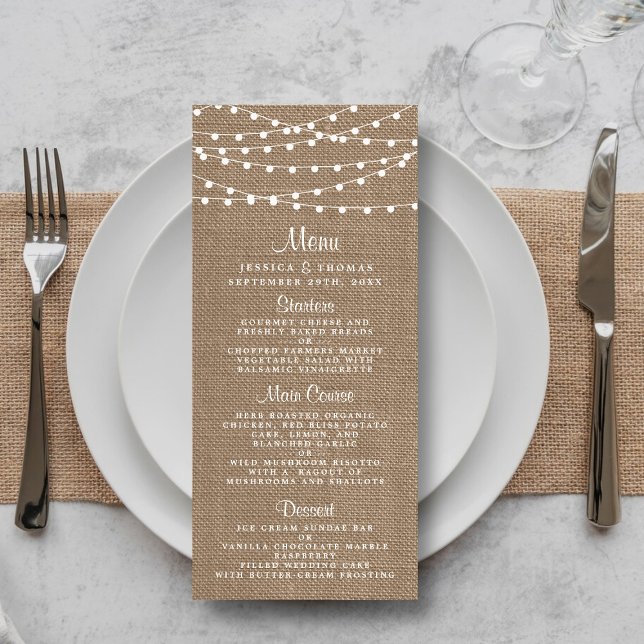 Rustic Burlap String Lights Wedding Menu (Creator Uploaded)