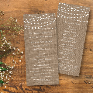 Rustic Burlap String Lights Wedding Program Rack Card