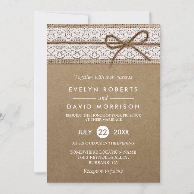 Rustic Burlap String Tied in a Bow Lace Wedding Invitation (Front)
