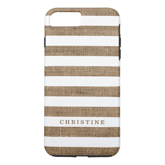 Rustic Burlap Striped Monogram Name Case-Mate iPhone Case (Back)