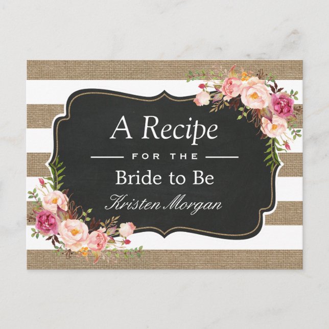 Rustic Burlap Stripes Floral Bridal Shower Recipe Postcard (Front)