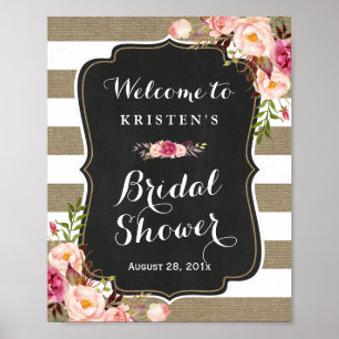 Rustic Burlap Stripes Floral Bridal Shower Sign
