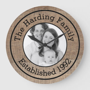 Rustic Burlap Style Family Photo Customised Large Clock