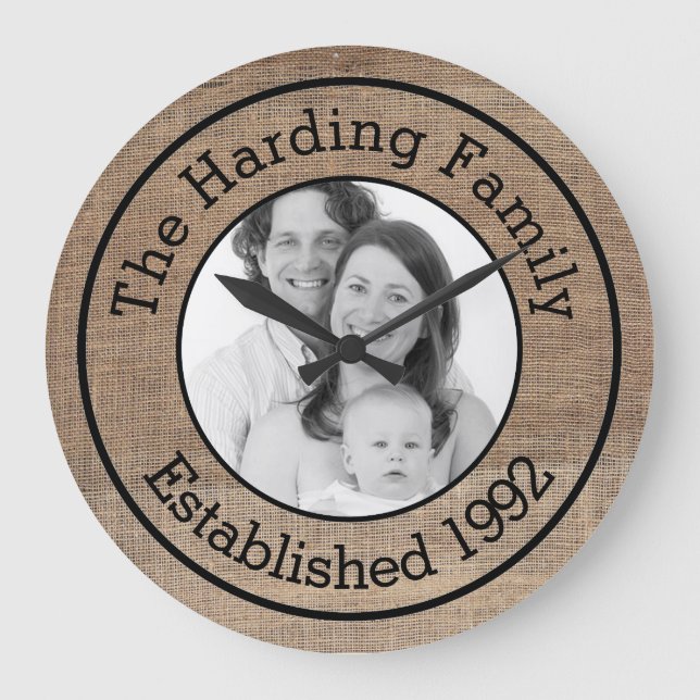 Rustic Burlap Style Family Photo Customised Large Clock (Front)