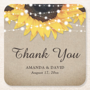 Rustic Burlap Sunflower Thank You Wedding Favour Square Paper Coaster
