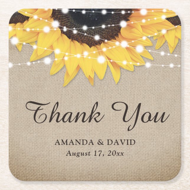 Rustic Burlap Sunflower Thank You Wedding Favour Square Paper Coaster (Front)