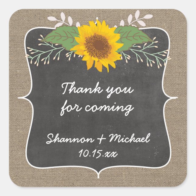 Rustic Burlap Sunflower wedding favour sticker (Front)