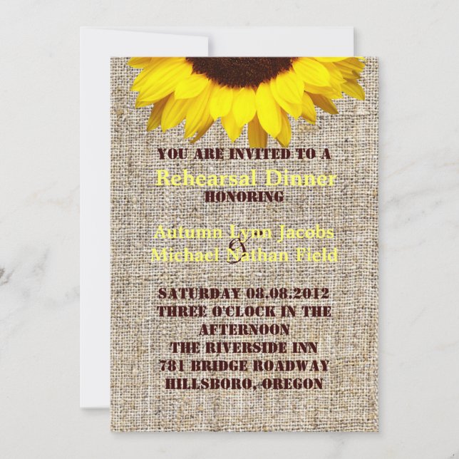 Rustic Burlap Sunflower Wedding rehearsal dinner Invitation (Front)