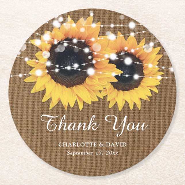 Rustic Burlap Sunflower Wedding Thank You Round Paper Coaster (Front)