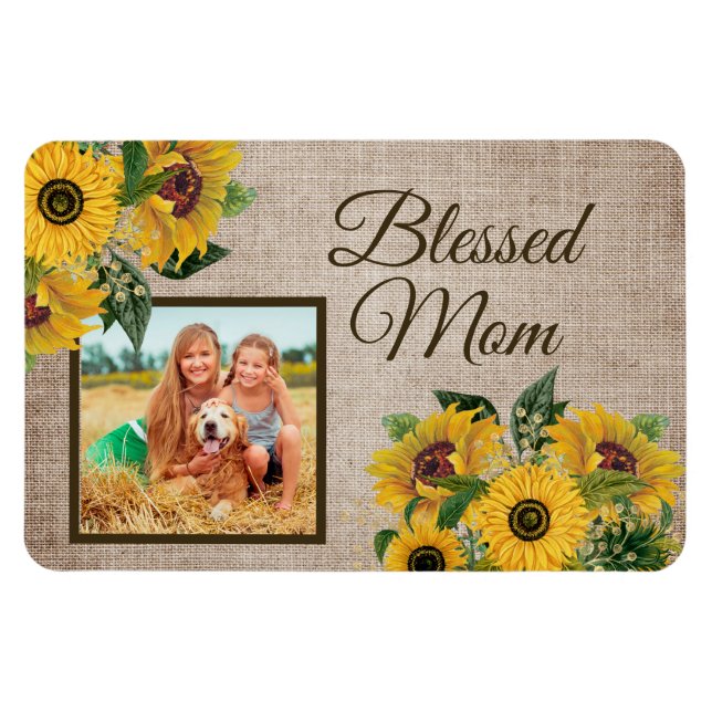 Rustic Burlap Sunflowers Blessed Mum Photo Magnet (Horizontal)