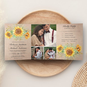 Rustic Burlap Sunflowers Photo Collage Wedding Tri-Fold Invitation