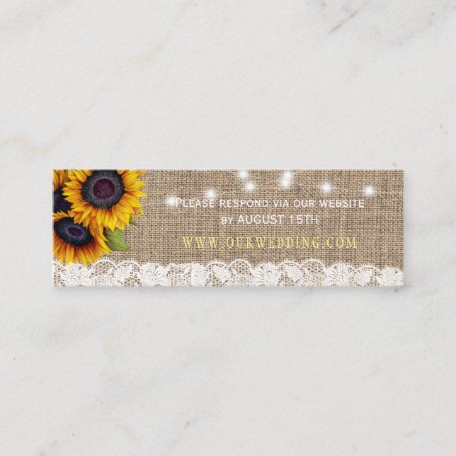 Rustic burlap sunflowers wedding website RSVP Mini Business Card (Front)