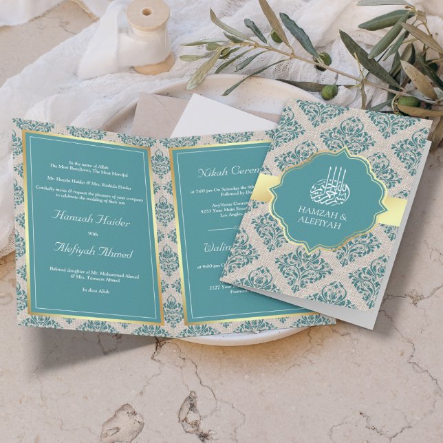 Rustic Burlap Teal Damask Muslim Wedding Invitation (Creator Uploaded)