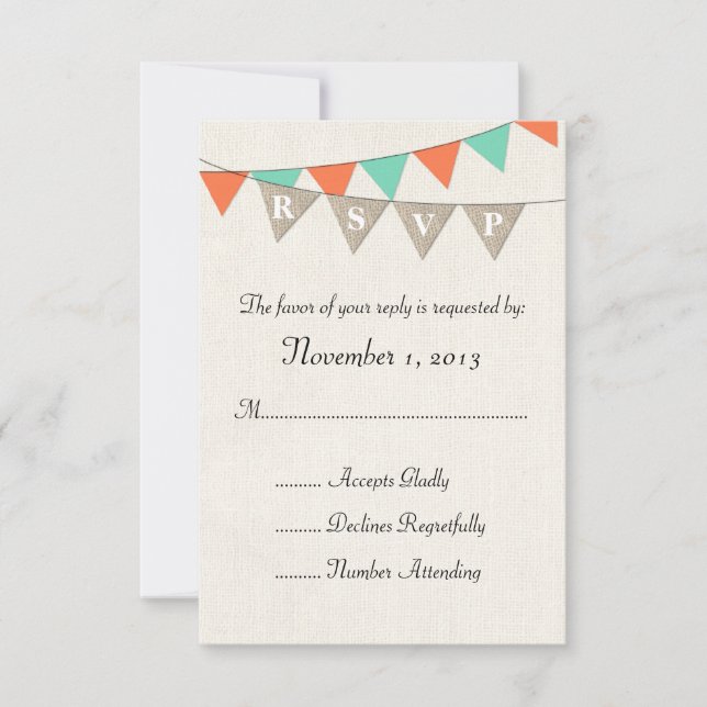 Rustic Burlap Teal Orange Pennant Wedding RSVP (Front)