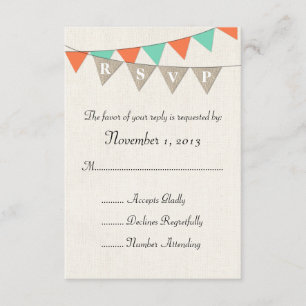 Rustic Burlap Teal Orange Pennant Wedding RSVP Card