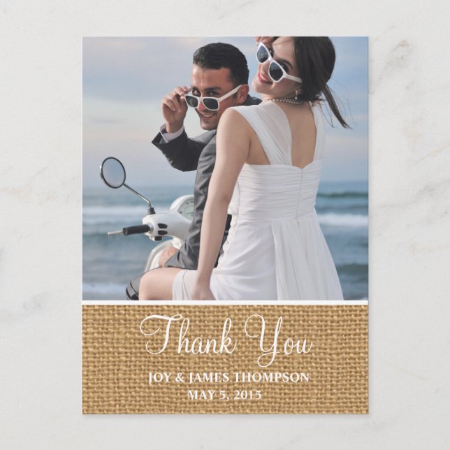 Rustic Burlap Thank You Wedding Postcards (Front)