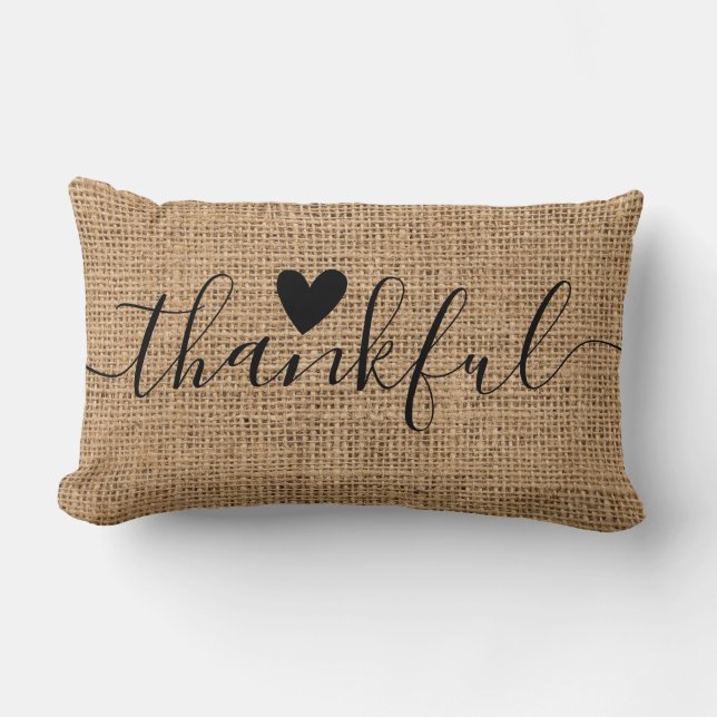 Rustic Burlap Thanksgiving Farmhouse Thankful Lumbar Cushion (Front)