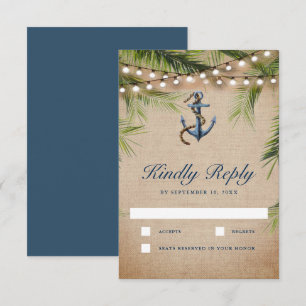 Rustic Burlap Tropical Palm Leaves Anchor Wedding RSVP Card