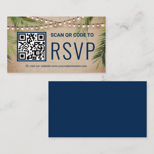Rustic Burlap Tropical Palm QR Code RSVP Wedding Enclosure Card (Front/Back)