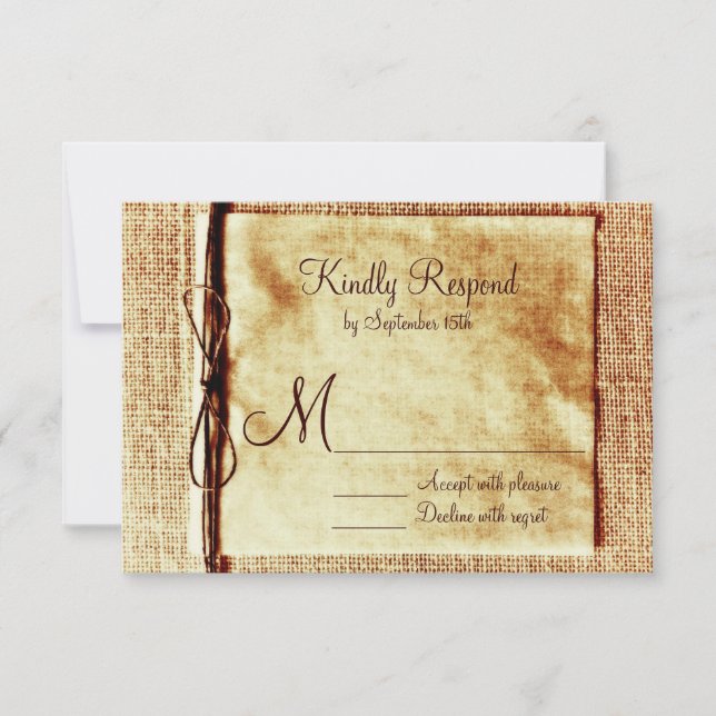 Rustic Burlap Twine Distressed Wedding RSVP Cards (Front)