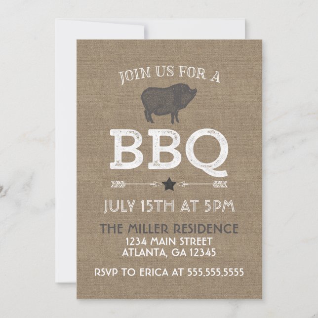 Rustic Burlap Vintage BBQ Party Invitation (Front)