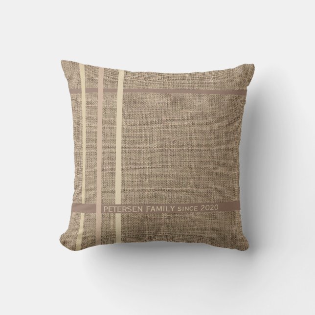 Rustic burlap vintage farmhouse style family beige cushion (Front)