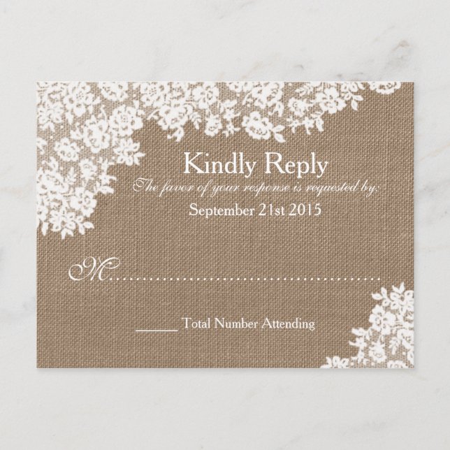 Rustic Burlap & Vintage Lace Wedding RSVP Invitation Postcard (Front)
