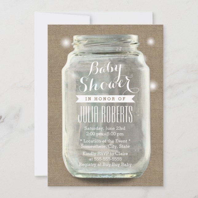 Rustic Burlap Vintage Mason Jar Baby Shower Invitation (Front)