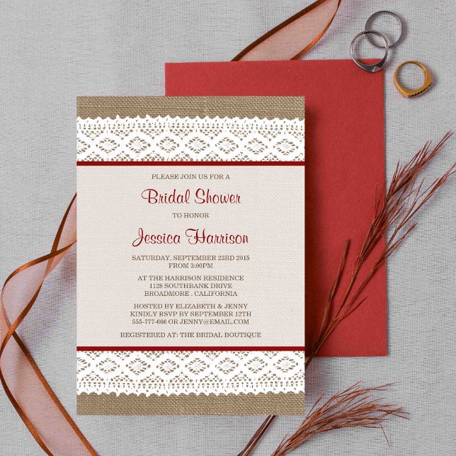 Rustic Burlap & Vintage White Lace Bridal Shower Invitation (Creator Uploaded)