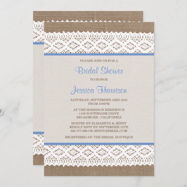 Rustic Burlap & Vintage White Lace Bridal Shower Invitation (Front/Back)