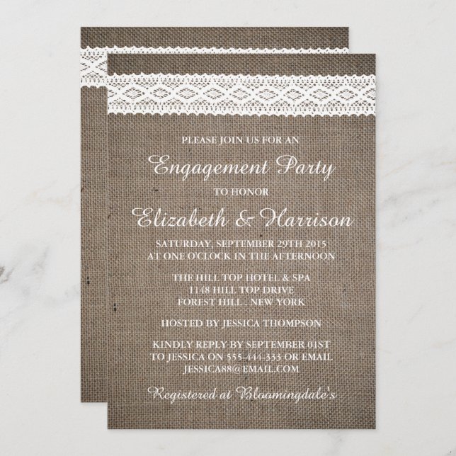 Rustic Burlap, Vintage White Lace Engagement Party Invitation (Front/Back)