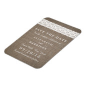 Rustic Burlap & Vintage White Lace Save The Date Magnet (Left Side)