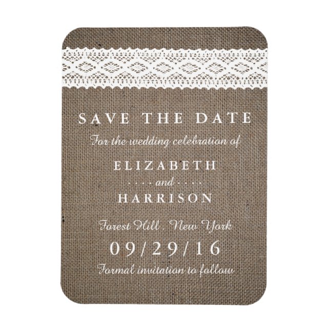 Rustic Burlap & Vintage White Lace Save The Date Magnet (Vertical)