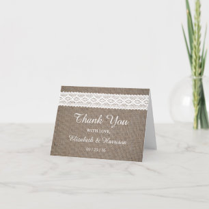 Rustic Burlap & Vintage White Lace Weddig Thank You Card