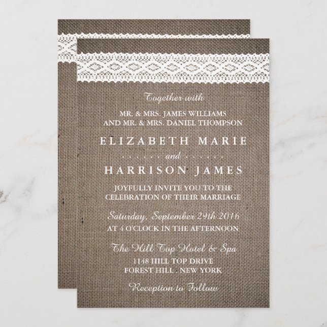 Rustic Burlap & Vintage White Lace Wedding Invitation (Front/Back)