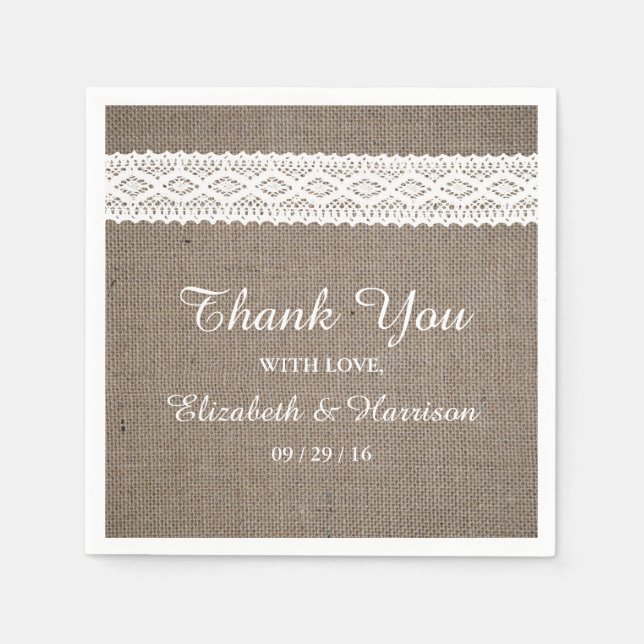 Rustic Burlap & Vintage White Lace Wedding Napkin (Front)