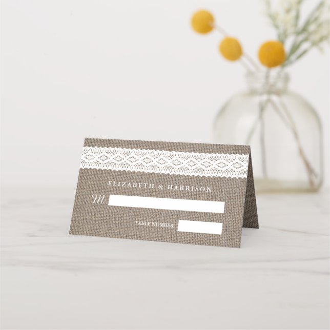 Rustic Burlap & Vintage White Lace Wedding Place Card (Front)