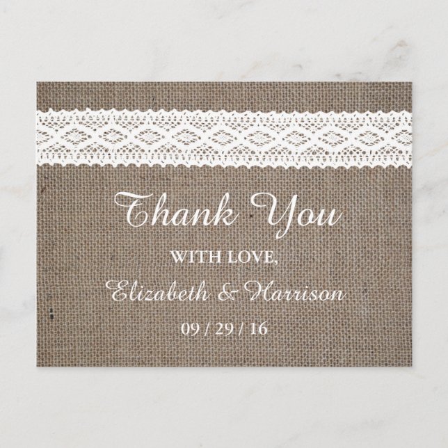 Rustic Burlap & Vintage White Lace Wedding Postcard (Front)