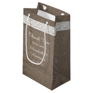 Rustic Burlap & Vintage White Lace Wedding Small Gift Bag
