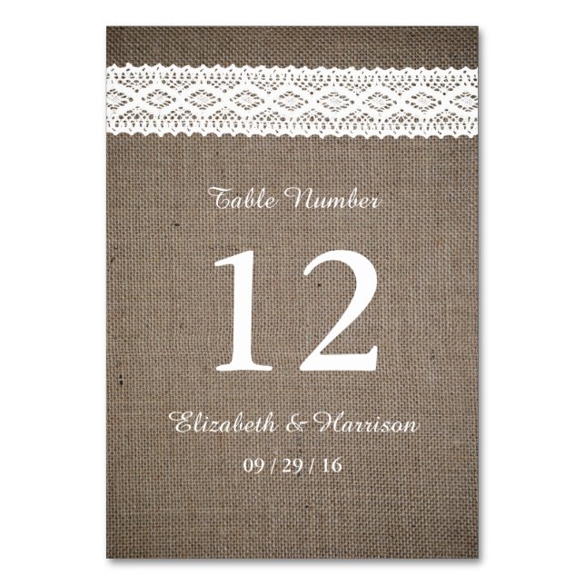 Rustic Burlap & Vintage White Lace Wedding Table Number (Front)