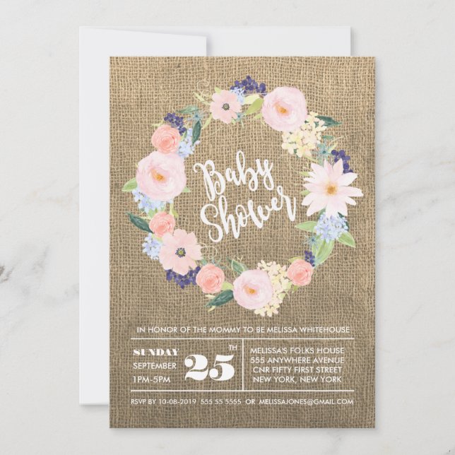 Rustic Burlap Watercolor Wreath BABY Shower Invite (Front)