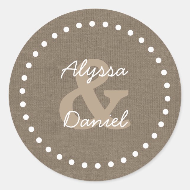 Rustic Burlap Wedding Bride Groom A06 with Dots Classic Round Sticker (Front)