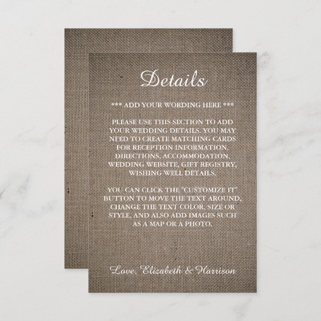 Rustic Burlap Wedding Detail Enclosure Card (Front/Back)