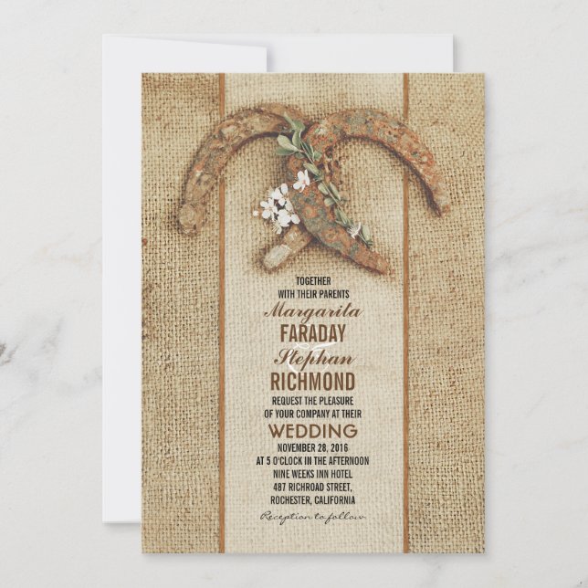Rustic Burlap Wedding Invitation with Horseshoes (Front)