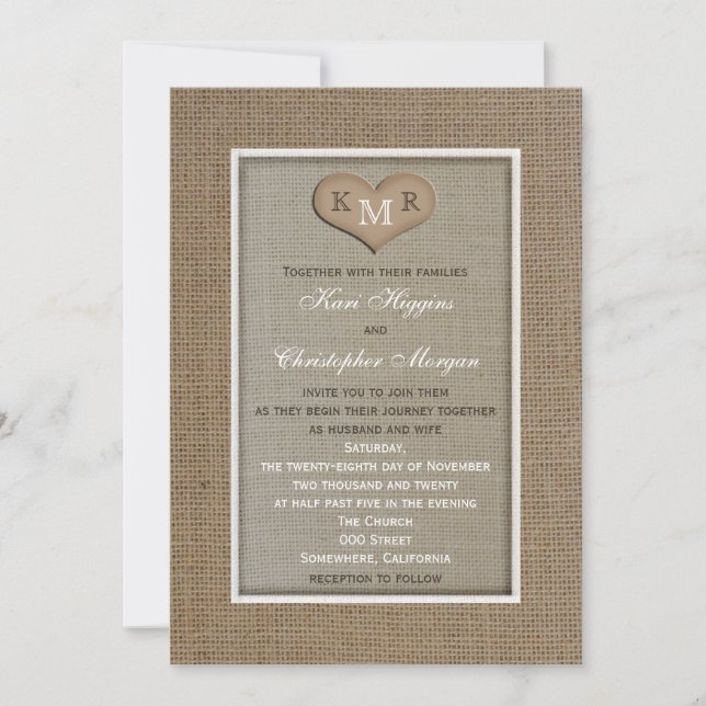 Rustic Burlap Wedding Invitation with Monogram (Front)