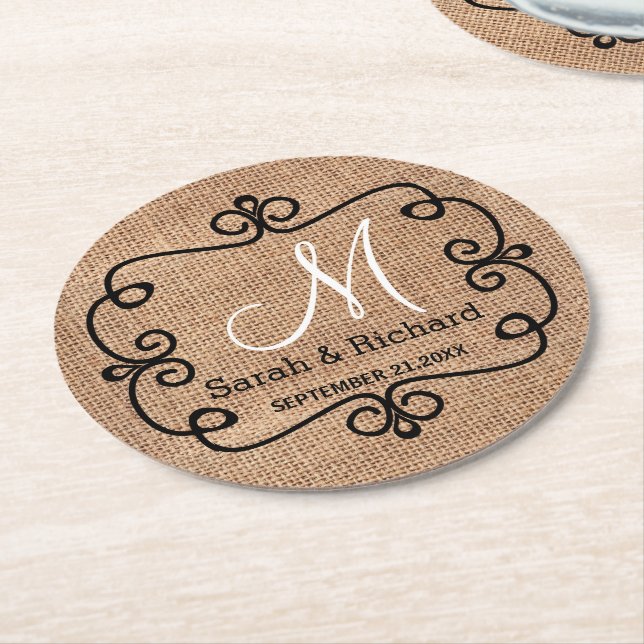 Rustic Burlap Wedding Monogram Round Paper Coaster (Angled)